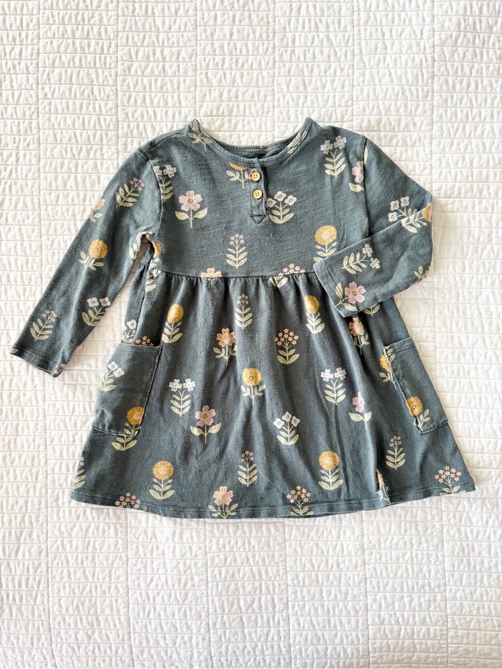 Little Co Long Sleeve Floral Pocket Dress - Dark Blue with Yellow & Pink Flowers